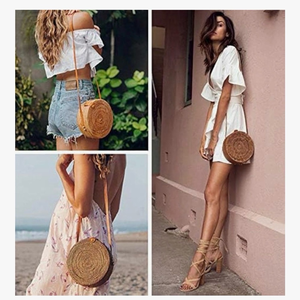 Handwoven Round Rattan Crossbody Bag with Tan Leather Strap Boho Travel Purse - Picture 3 of 8
